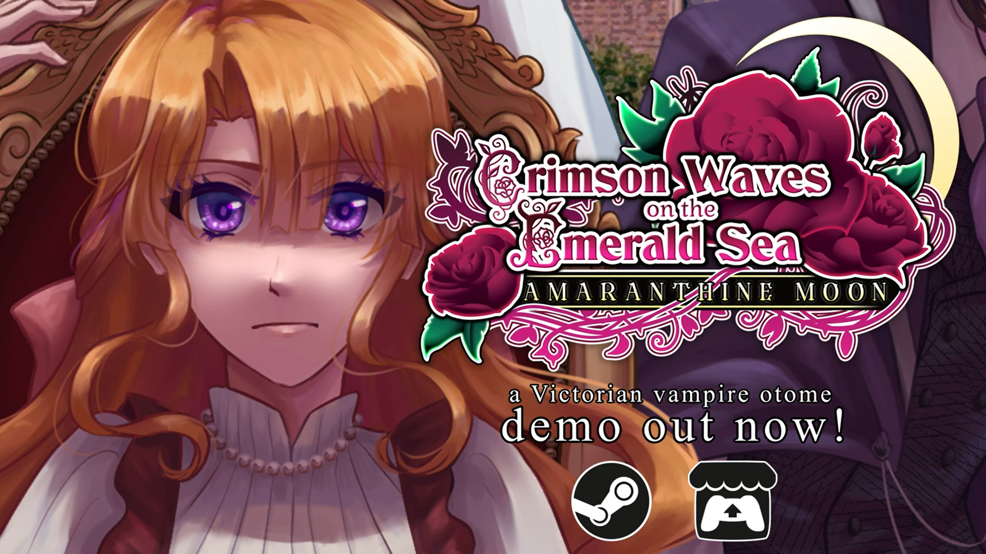 Logo for Crimson Waves on the Emerald Sea: Amaranthine Moon. Demo Now Available on Steam or Itch.io.